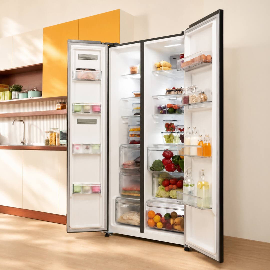 Coway Side-by-Side Refrigerator 715L open in a kitchen